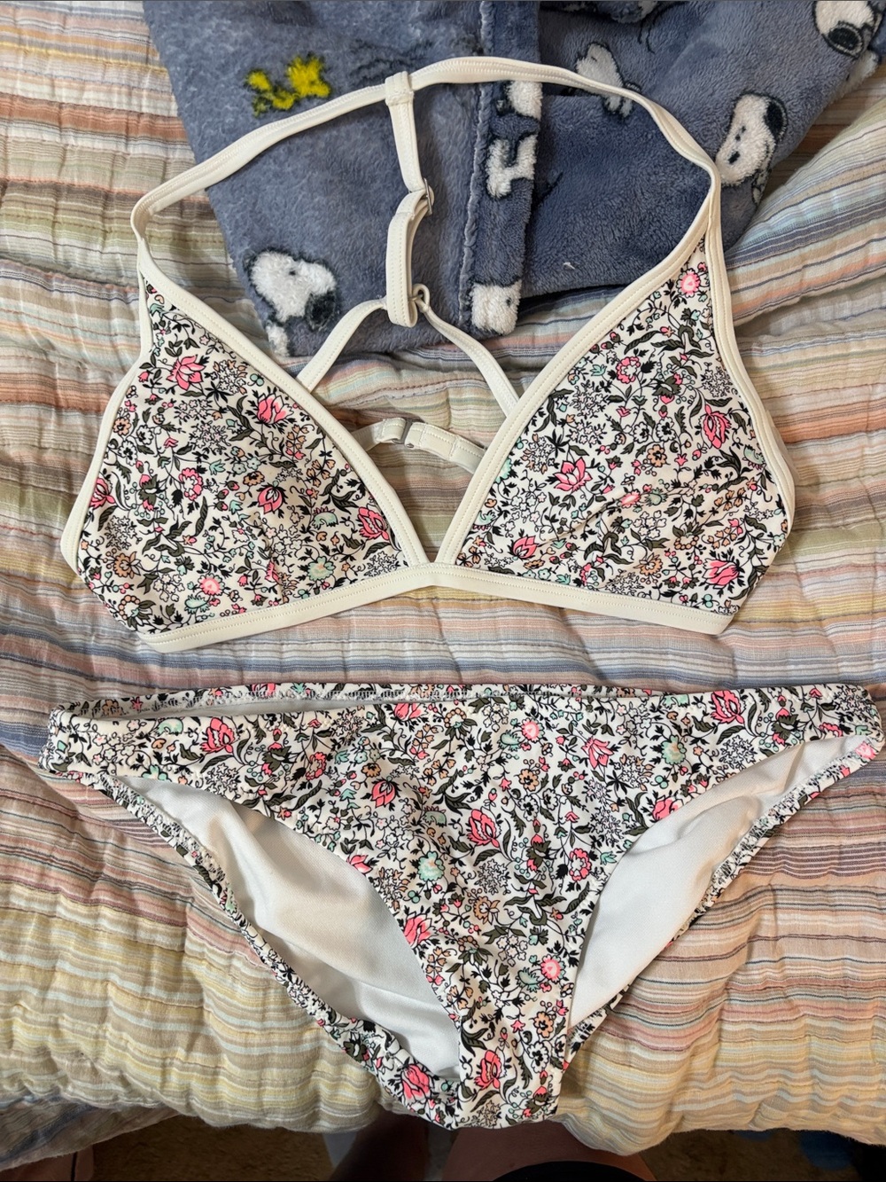Abercrombie & Fitch White Floral Print Triangle Bikini - Pink & Black Accents